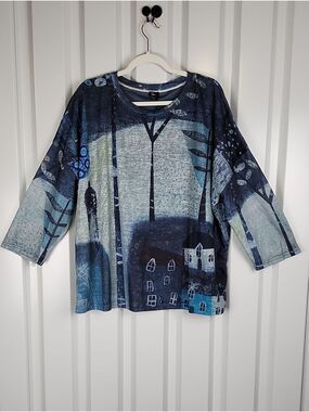 SHANA Women's Blue Scenic Half-Sleeve Top XXL NWT House Print Art To Wear Artsy